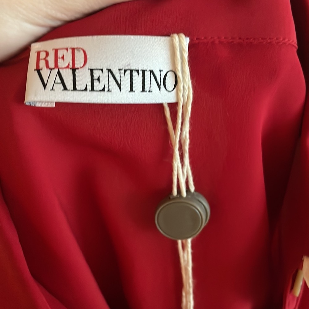 RED Valentino Silk Crepe Ruffle Tie Neck Button Down Blouse Red - Picture 8 of 14